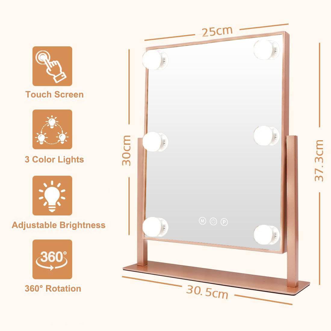 Spegill með 6 Led peru ljósum (Rose Gold) - Daría