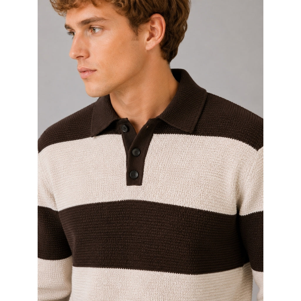 Marvin cashmere polo peysa - Dark Brown / Ecru Melange
