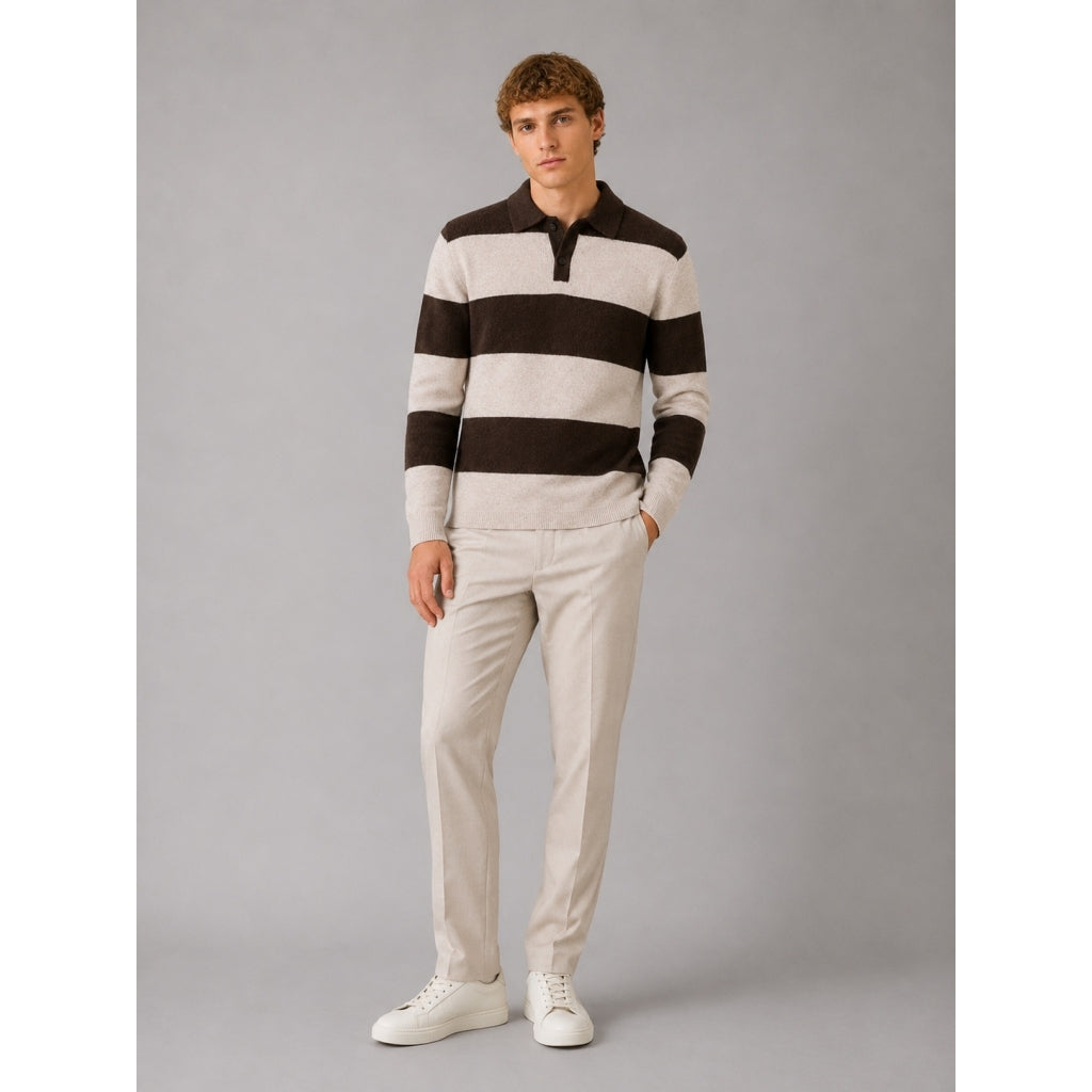 Marvin cashmere polo peysa - Dark Brown / Ecru Melange