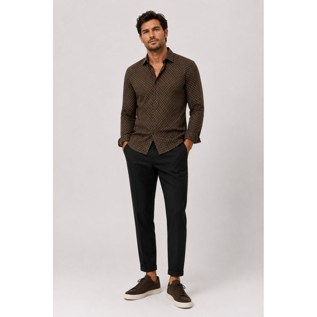 FORMAL AOP STRETCH skyrta - Dark brown