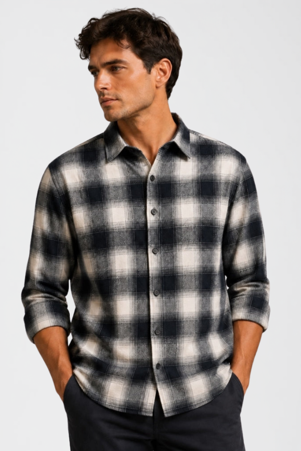 ESKE KÖFLÓTT FLANNEL SKYRTA - Ecru/Dark navy