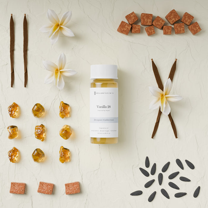 Vanilla 28 ilmolía frá Brilliant Scents í 120 ml flösku – hlýr vanilluilmur með púðursykri og Amber.