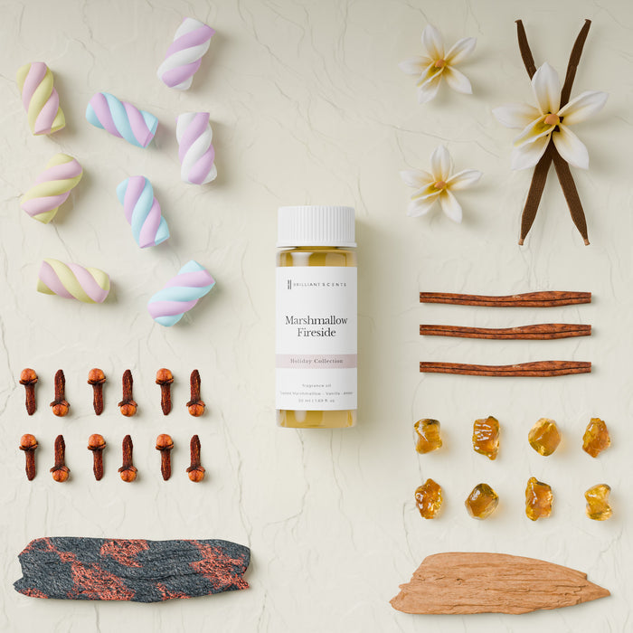 Marshmallow Fireside ilmolía frá Brilliant Scents með sætum ilmi af ristuðum sykurpúðum, vanillu og hlýjum viðartónum.